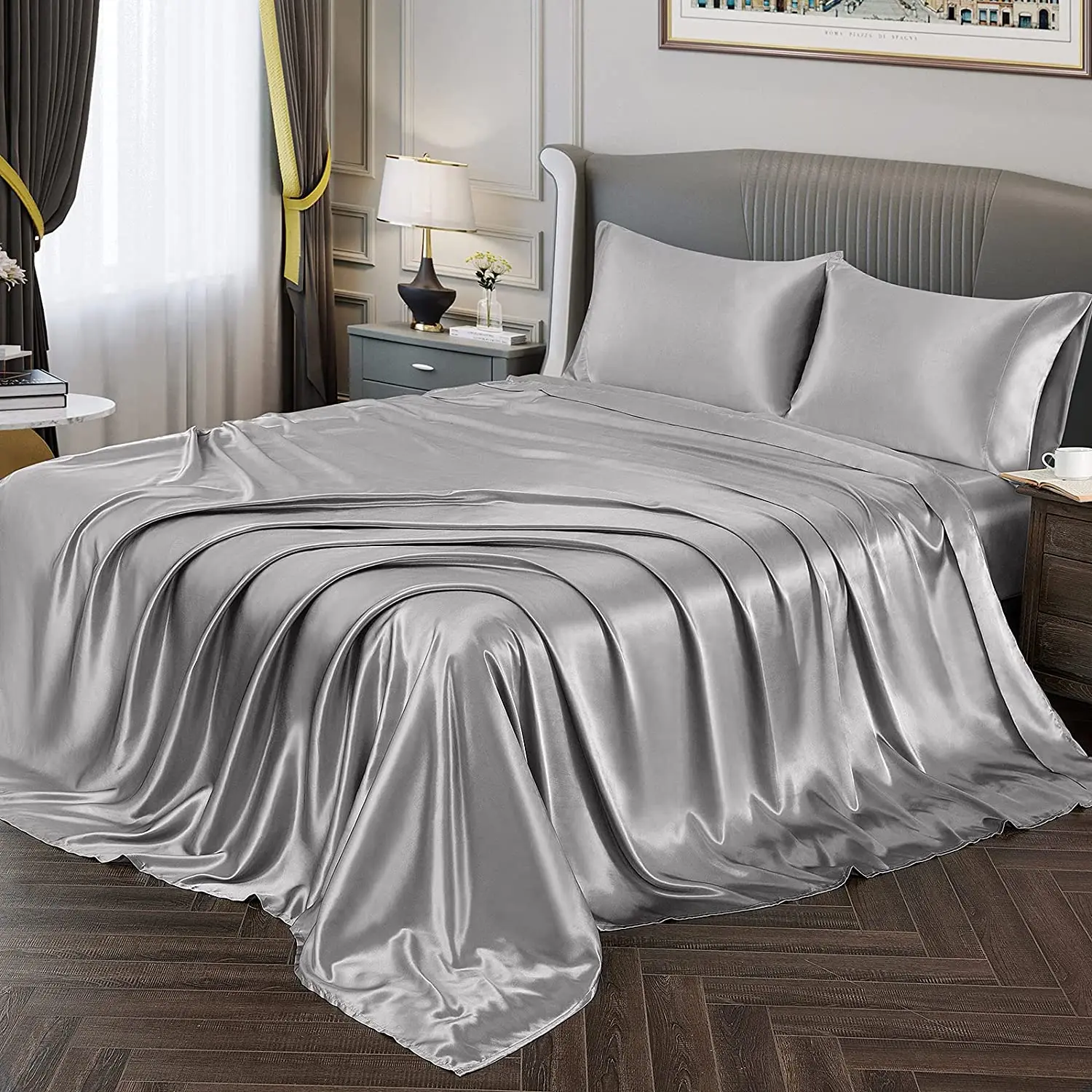 

Satin Sheets Silky Soft Satin Bed Sheets Silver Satin Sheet Set,Deep Pocket Fitted Sheet +Flat Sheet + Pillowcases