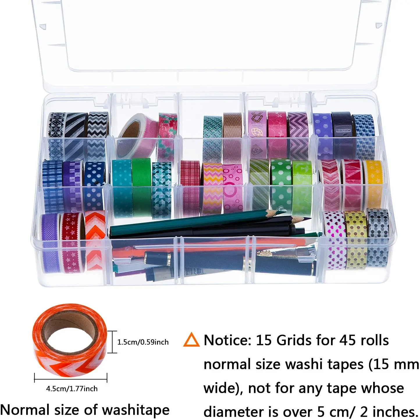 Crafts Organizer Storage Box For Washi Tape, Art Supplies And Sticker, 15 Compartments, Clear