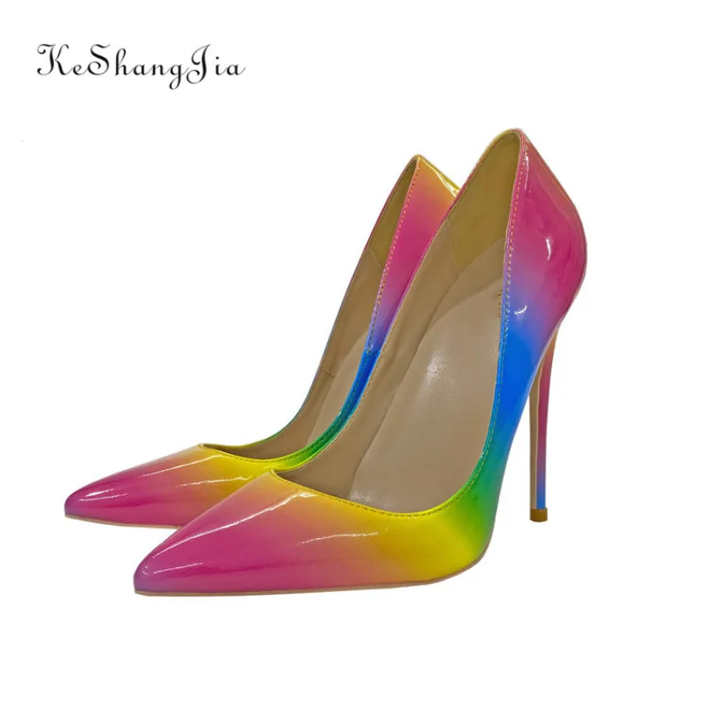 

Ke Shang Jia Rainbow Colorful Patent Leather Women Sexy Stiletto High Heels, Ladies Fashion Pointed Toe Pumps Party Shoes