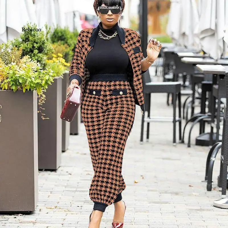 

Women's Fashion Casual Suit Houndstooth Printed Button Coat + Trousers Two-Piece Suit