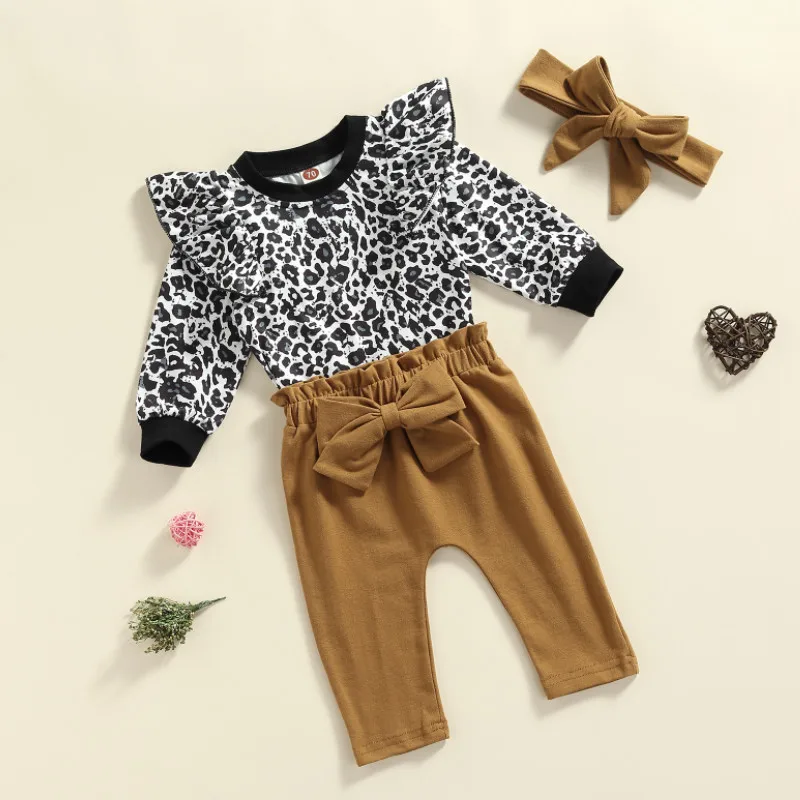 Baby Girls 3PCS Fall Outfits, Ruffle Long Sleeve Leopard Tops + Bowknot Pants + Headband Set Spring Autumn