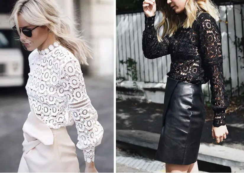 

2022 Spring Summer Women Temperament Chiffon Pure Openwork Lace Top Lantern Sleeve Fashion Shirt Bottom