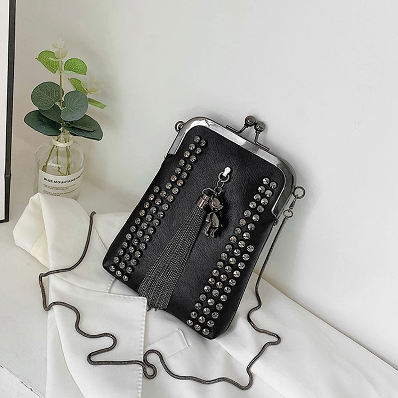 Rivet Fringe Fashion Vintage Punk Designer Bags PU Leather Bag Chain Women Shoulder Crossbody Bags Women\'s Handbags Phone Purse