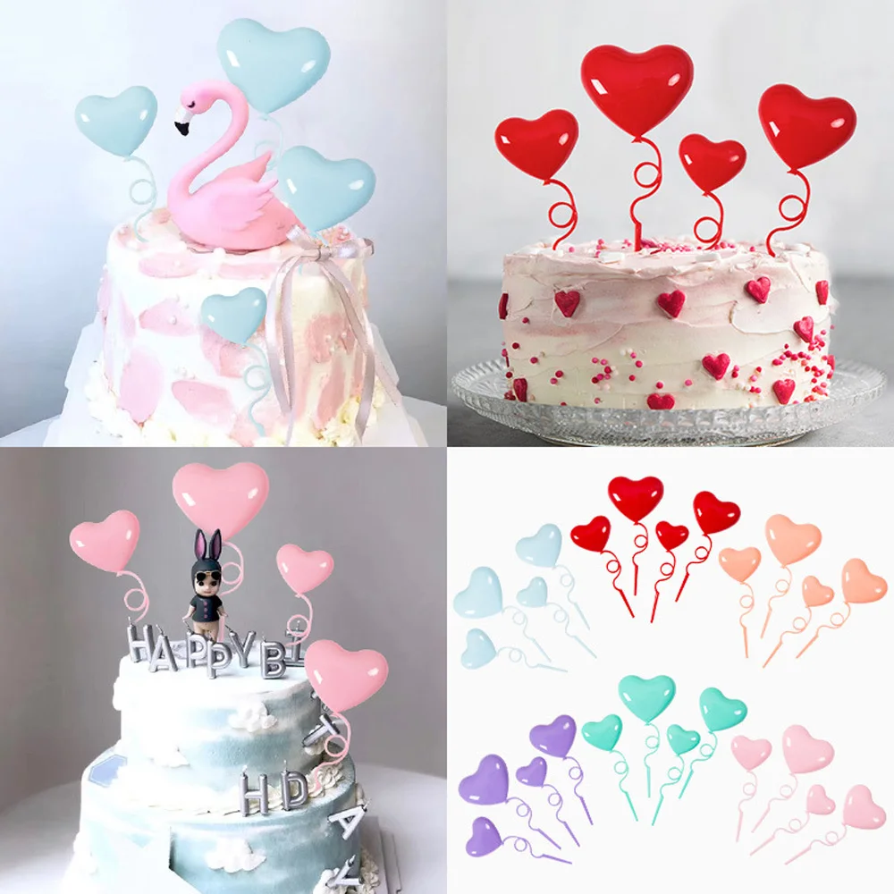 4pcs/set Color Plastic Foldable Heart Love Balloon Cake Topper Birthday Dessert Cake Decoration Cupcake Flag