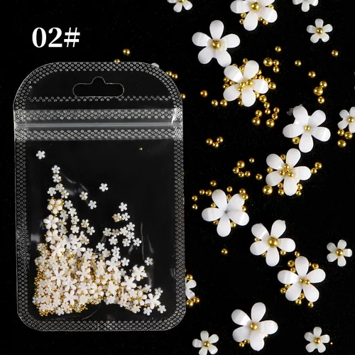 Imagen 2 del producto Flor acrílica blanca para decoración de uñas, diamantes de imitación de tamaño mixto, Gema dorada y plateada, accesorios para herramientas de manicura, diseño de uñas DIY