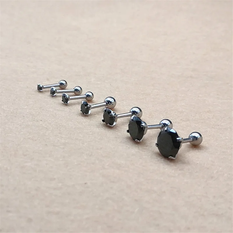 316l Stainless Steel Screw-back Black Round AAA Zircon Stud Earrings 2mm to 8mm Classical Style No Fade Allergy Free