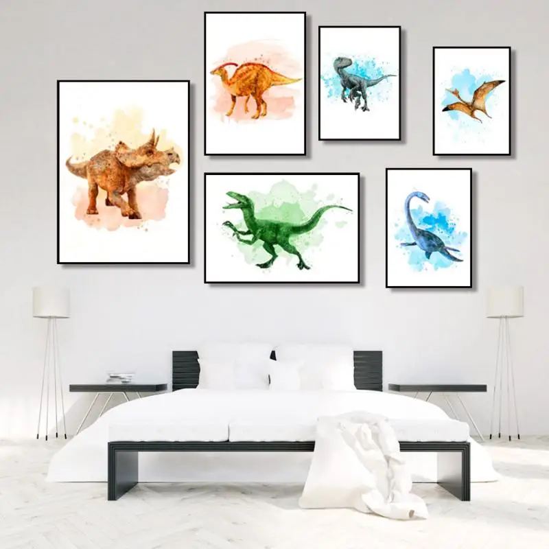 Minimalist Jurassic Tyrannosaurus Dinosaur Watercolor Nordic Poster Kids Room Decoration Wall Painting Canvas Printing Poster