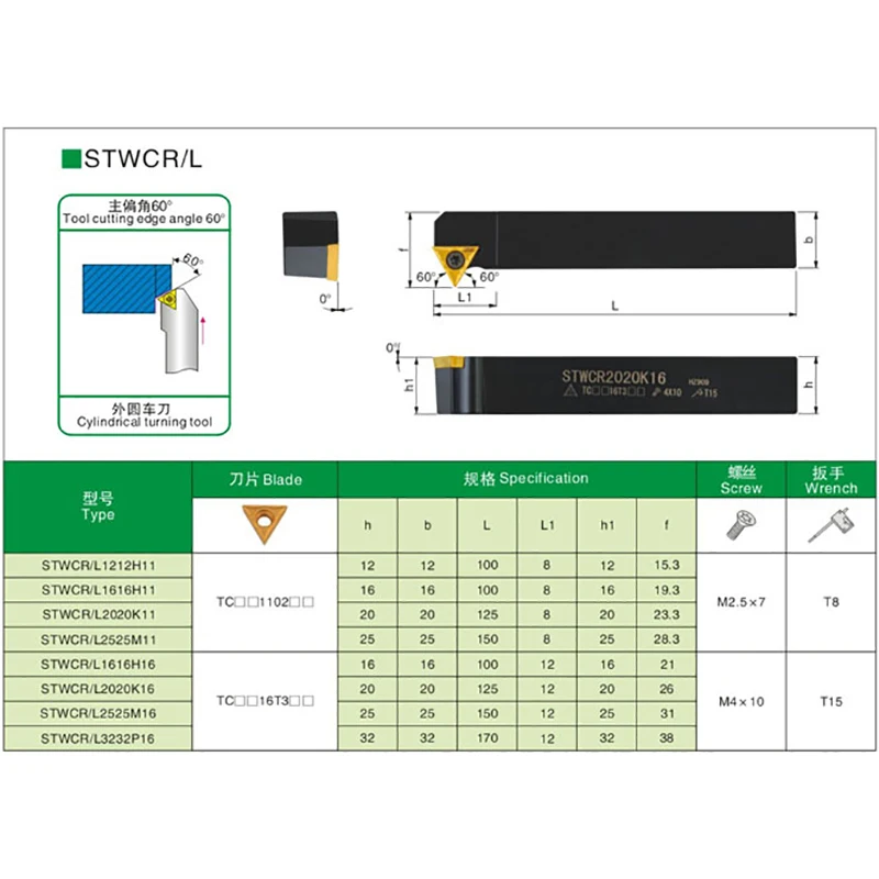 STWCR1212H11 STWCR1616H11 STWCR2020K16 STWCR2525M16 CNC External Lathe Turning tool Holder Entering Angle 60 Degree No Inserts