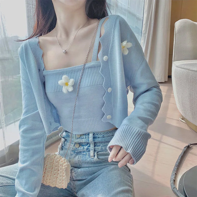 

2 Piece Set Women Cardigan Ribbed Knitted Camisole Outfits Spring Autumn Y2K Flowers Short Tops Long Sleeve Cropped Camis Suit