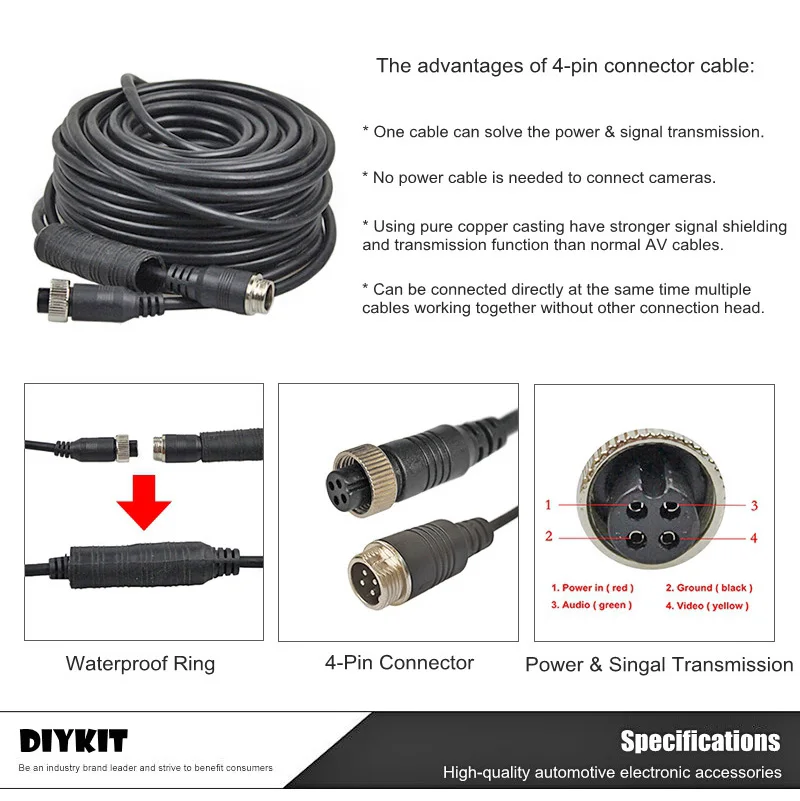 DIYSECUR 5m/10m/15m/20m Waterproof 4pin Connector Extension Cord Power / Video / Signal Cable for Bus / Truck / Car Reversing