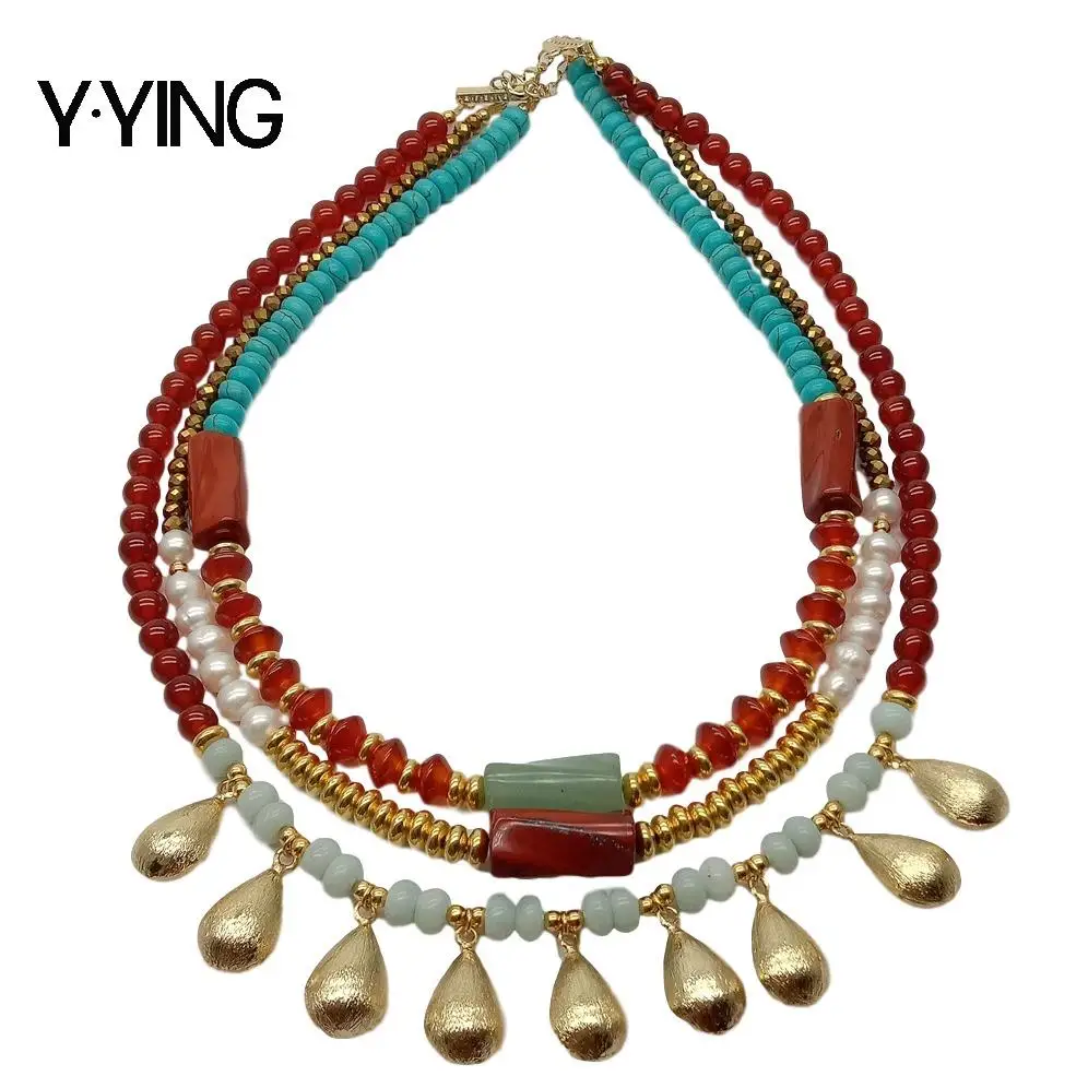 

Y·YING Cultured White freshwater Pearl carnelian Amazonite howlite rondelle gold color teardrop beads statement Necklace 17"