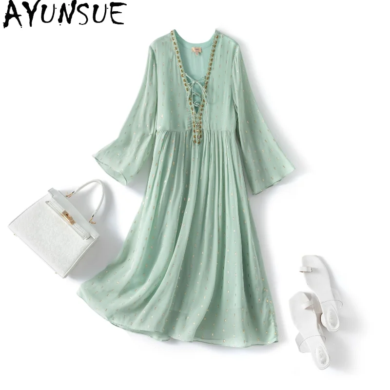 

AYUNSUE 2021 New Silk Dress for Women Elegant Long Sleeve Dresses Ladies Summer V-neck Beach Dress Famale Vestido Feminino SQQ43