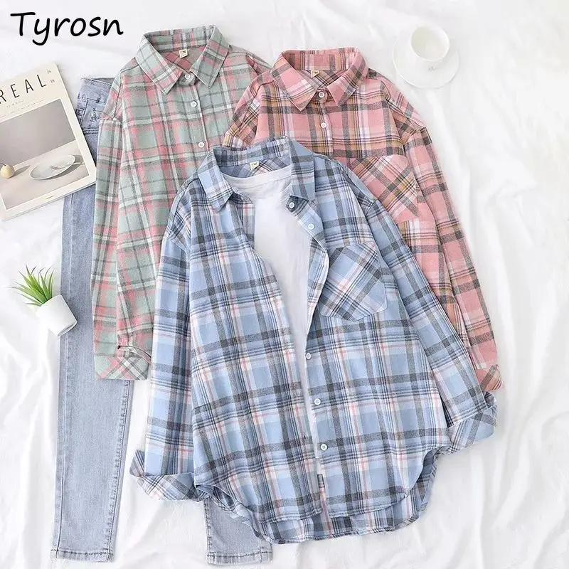 Shirts Women Sweet All-match Casual Plaid Shirt Elegant Classic Long Sleeve Blouses Hong Kong Style Loose Outwear Mujer Ulzzang