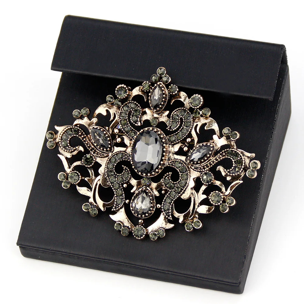 Sunspicems Retro Vintage Gray Crystal Turkish Brooch For Women Flower Bohemia Jewelry Antique Gold Color Ottoman Wedding Bijoux