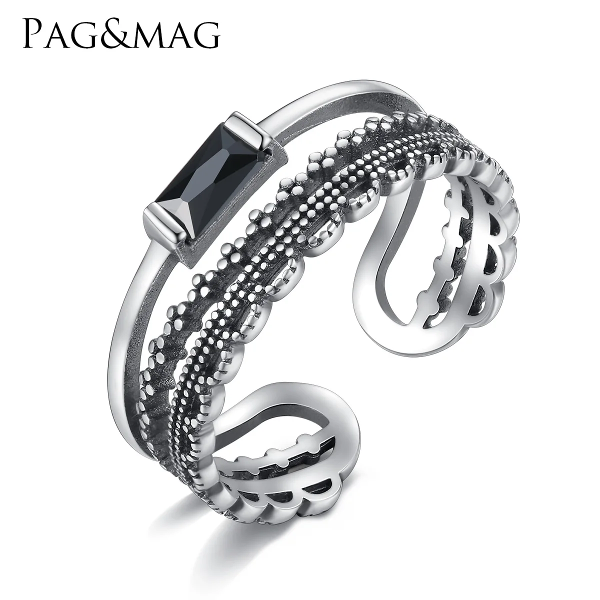 PAG&MAG European and American jewelry S925 sterling silver jewelry set AAA grade black zircon high-end atmosphere ring female