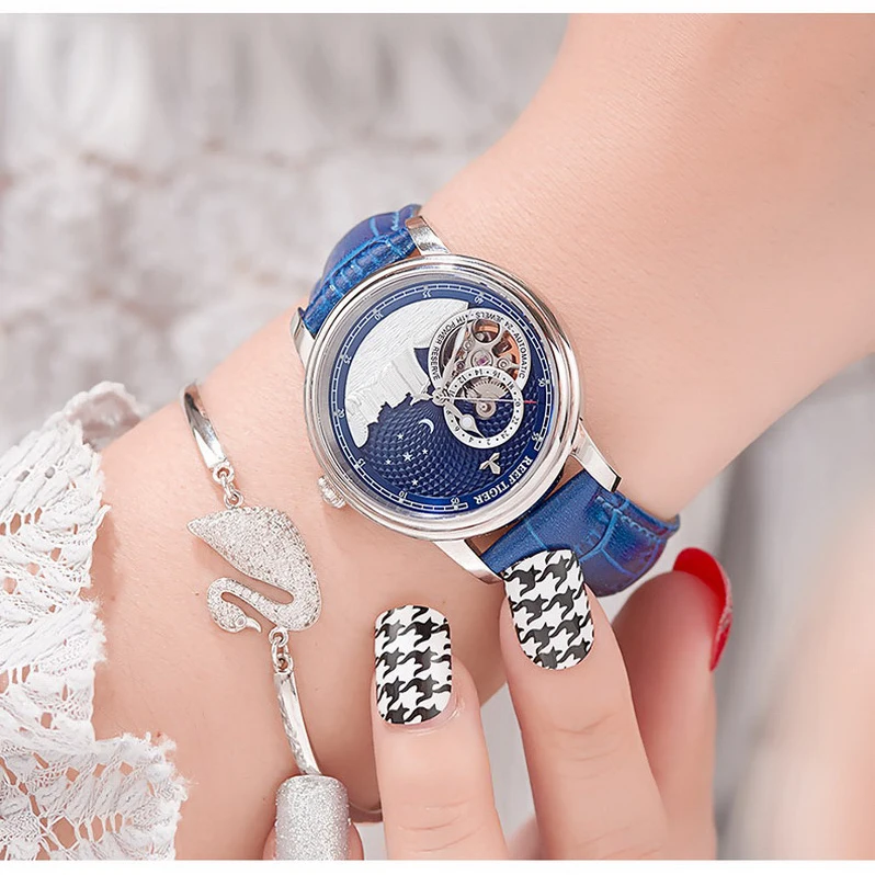 Reef Tiger Women Automatic Watch,Luxury Ladies Watches Self Wind Mechanical Wristwatch Waterproof Sapphire Skeleton Dial 24 Hour