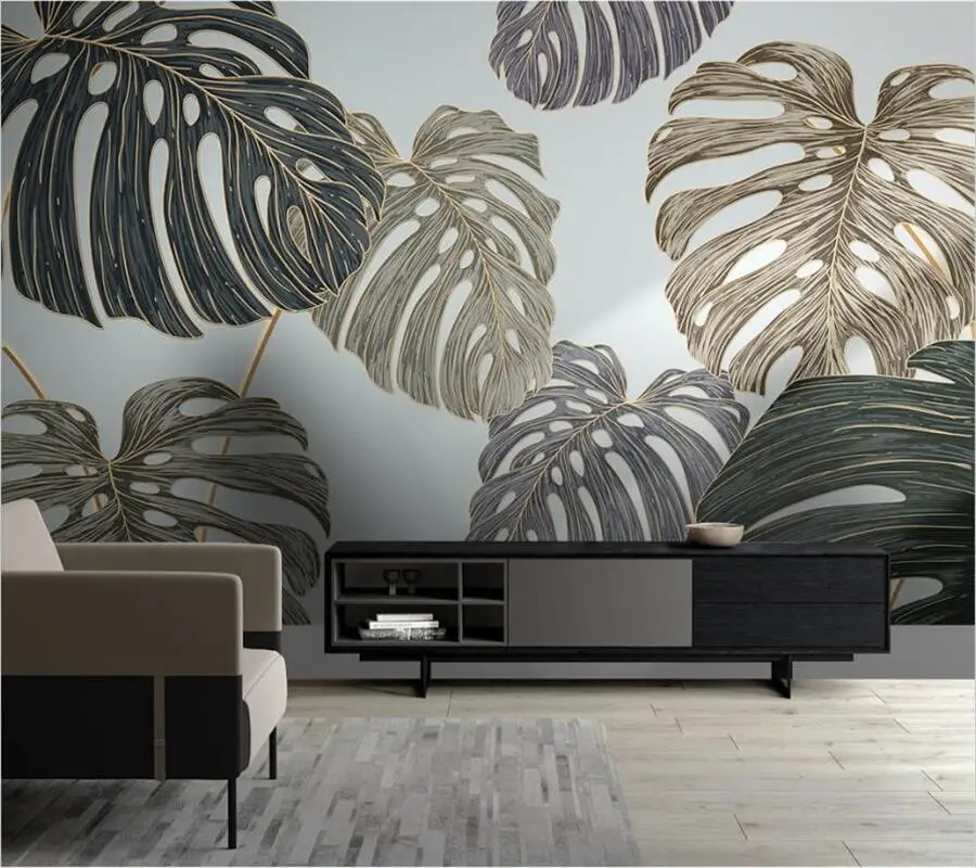 wellyu Customized large mural 3d Nordic light luxury simple tropical plant leaf TV background living room bedroom wallpaper