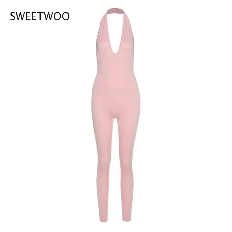 Halter women activewear v-neck sexy bandage sleeveless jumpsuit skinny rompers solid elastic bodycon fitness casual outfit