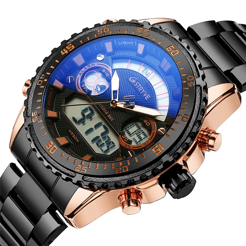 2023 New Stryve 8020 Luxury Men Watch Stainless Steel Dual Display Waterproof Quartz Digital Sports Watch reloj hombre