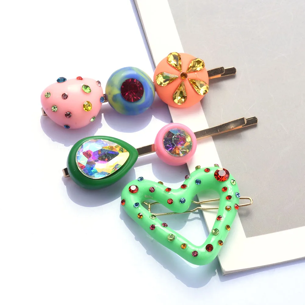 2024 New ZA Fashion Colorful Resin Hair Clips Women Hair Jewelry Heart Shape Crystal Rhinestones Hairpins Barrettes