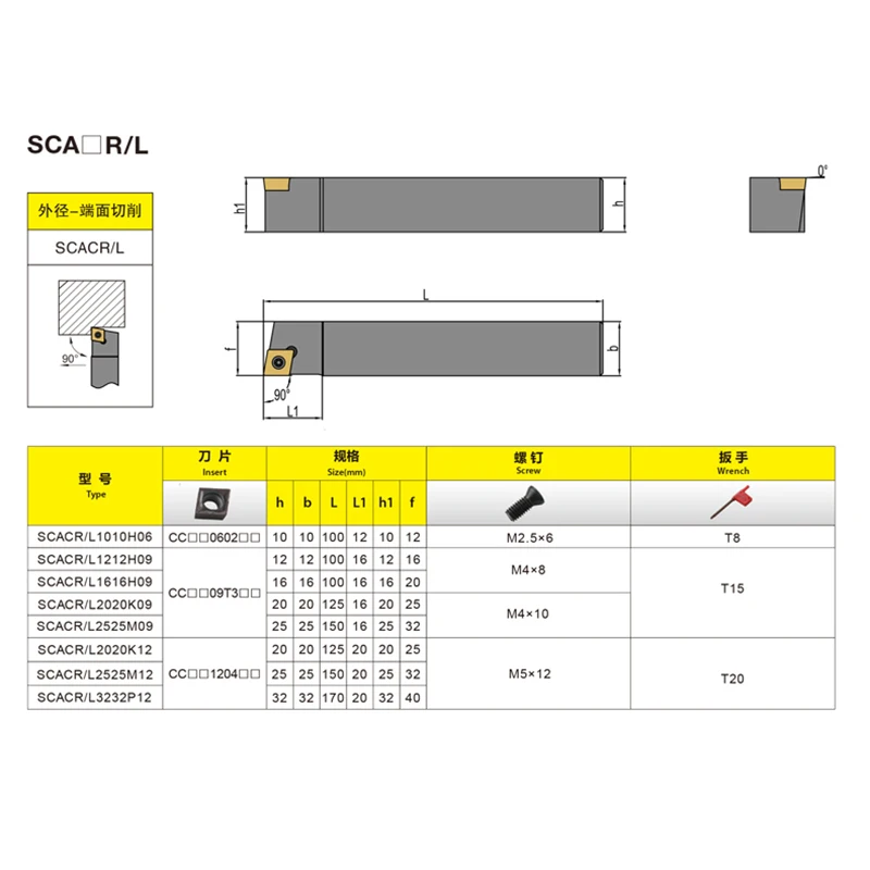 SCACR08080K06 SCACR1010K06 SCACR1616H09 SCACR2020K09 External Lathe Turning Tool Holder Cutting angle 90 degree no inserts