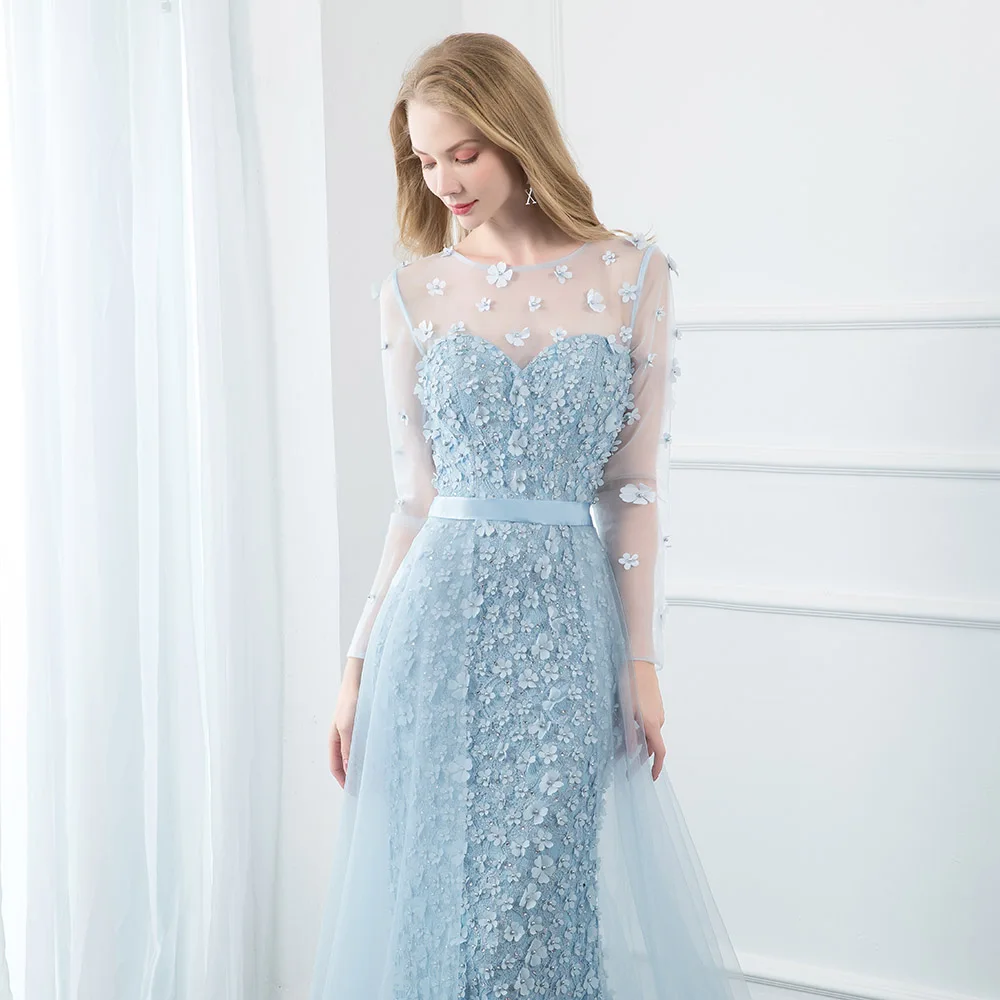 Sweet Sky Blue Full Sleeve Prom Dresses Long Tulle 3D Flowers Beaded Formal Party Dress Removeable Train In Stock