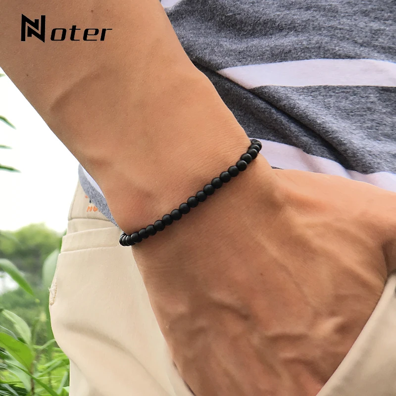 Noter Natural Matte Bracelet Stone Men 4mm 6mm 8mm 10mm 12mm Round Onyx Beaded Braslet Męskie akcesoria Pulseira Prezent dla męża