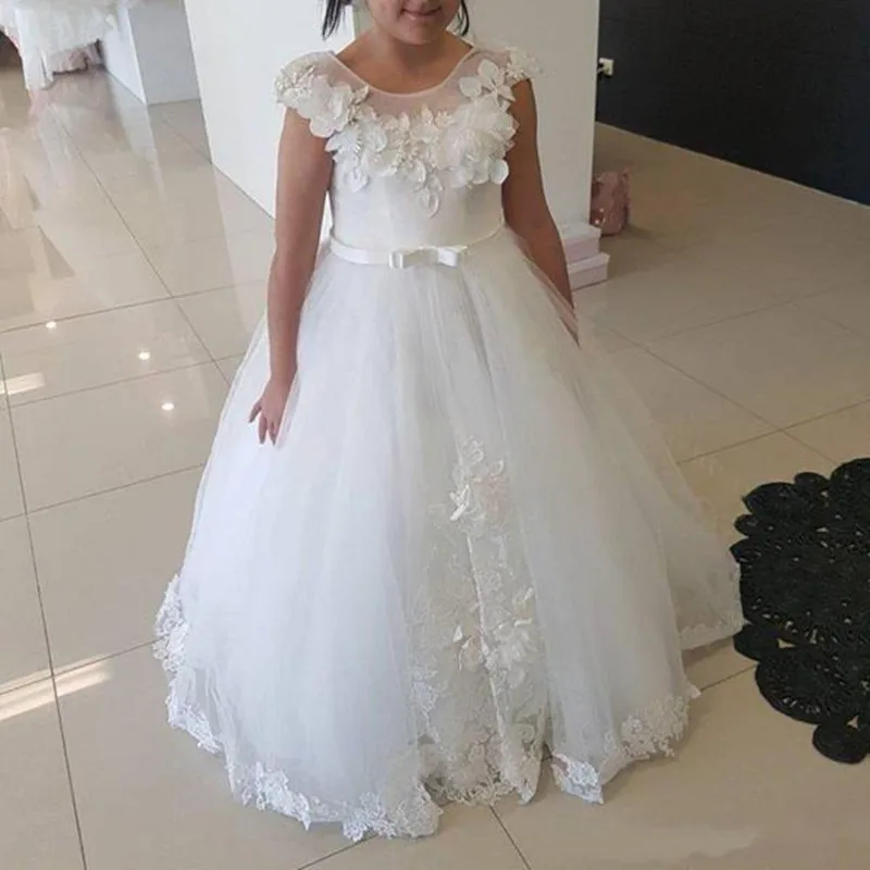 Vestidos formales de flores para niña y niño, joya de encaje, apliques 3D, tren de barrido, vestidos de desfile para boda, fiesta de cumpleaños, vestidos para niña