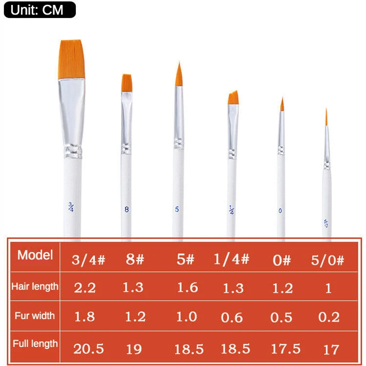 Hot single item 6 pcs/set nylon Paint Brush Hair white rod multi-function brush gouache watercolor oil Manicure brush set