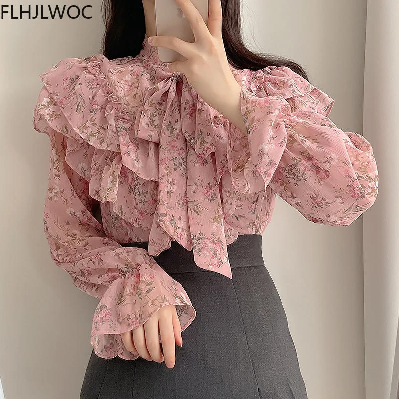 Vintage Solid Shirts Long Sleeve Single Breasted Button Cute Sweet Bow Tie Women Korea Japan Style Ruffled Chic Pink Tops Blusas