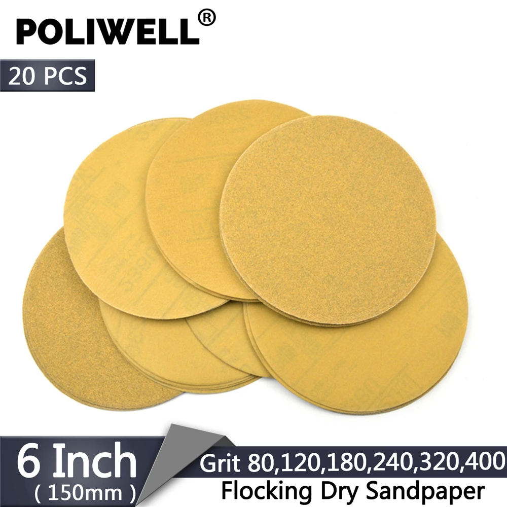 

POLIWELL 20PCS 6 Inch 150mm Dry Sanding Discs Flocking Sandpaper 80-400 Grit for Hook and Loop Sanding Pad Wood Metal Polishing