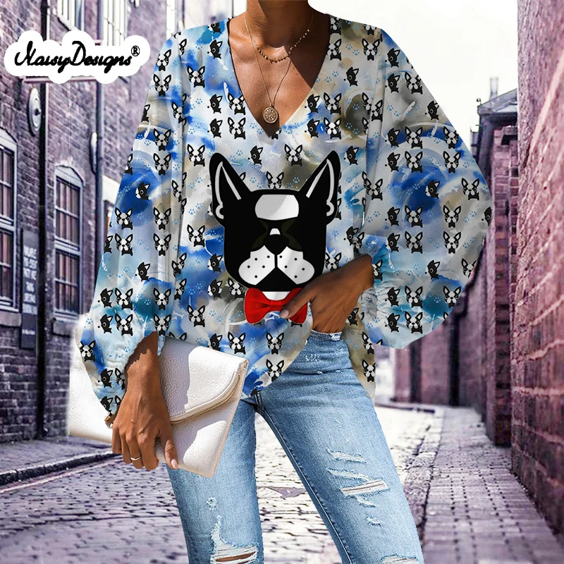 Noisydesigns Women's Tunnic Trend 2021 French Bulldog Flowers Dog Prints Vestidos Tops Chiffon Blouse Office Lady Dropshipping