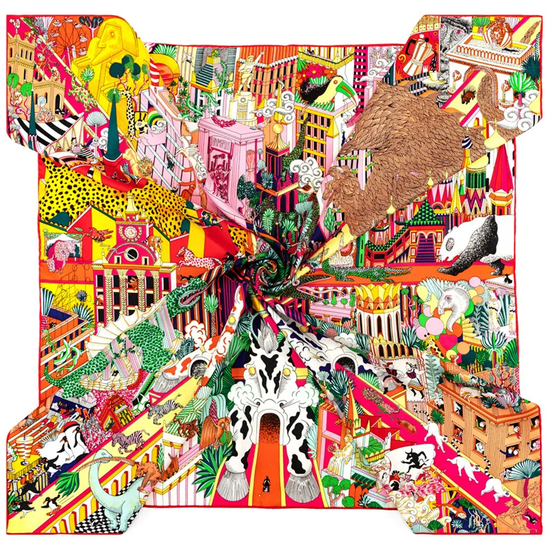 POBING Twill Silk Scarf Women Animals Kingdom Square Scarves Manual Hand Rolled Echarpes Foulards Femme Wrap Bandana Hijab 90CM