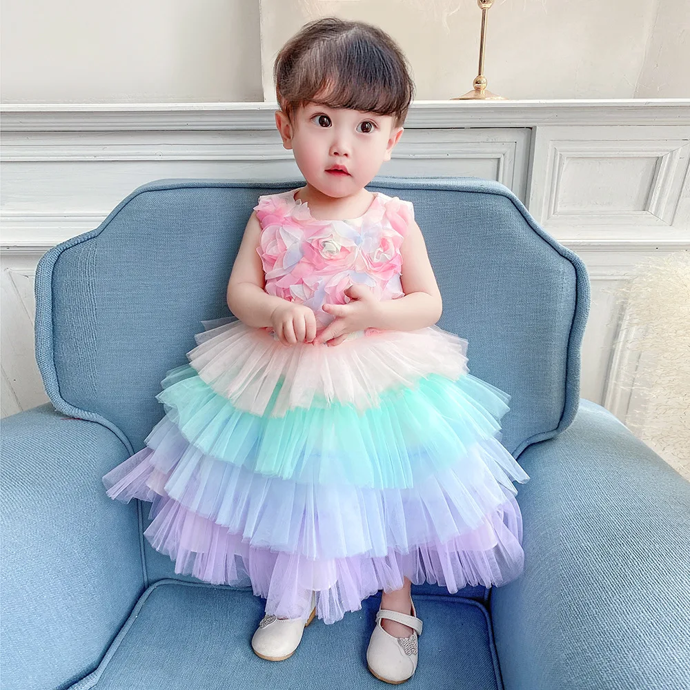 

3D Rainbow Rose Flower Dress Baby Princess Dress Infant First 1 Year Birthday Dress Newborn Clothes Baby Party and Wedding Dress