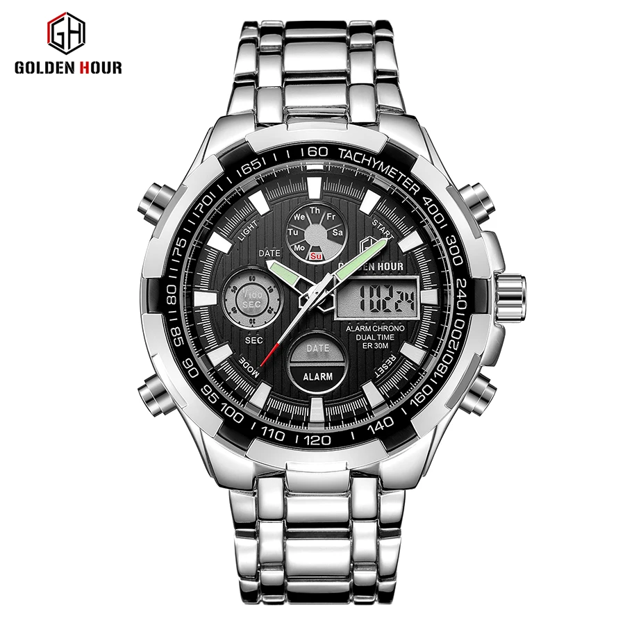 GOLDENHOUR Luxury Brand Waterproof Military Sport Watches Men Silver Steel Digital Quartz Analog Watch Clock Relogios Masculinos