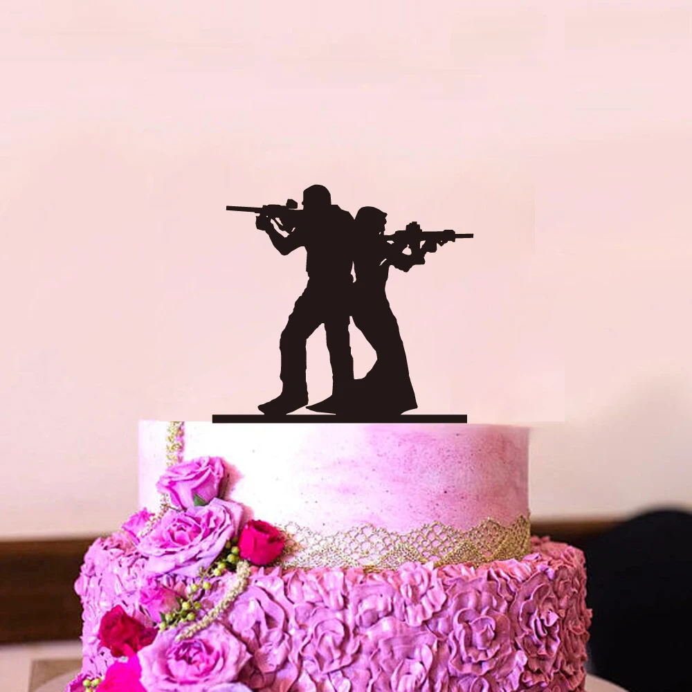 Funny Style Wedding Cake Topper Bride & Groom Shooting Cake Topper MR & Mrs Black Acrylic Cake topper Weightlifting Decoration