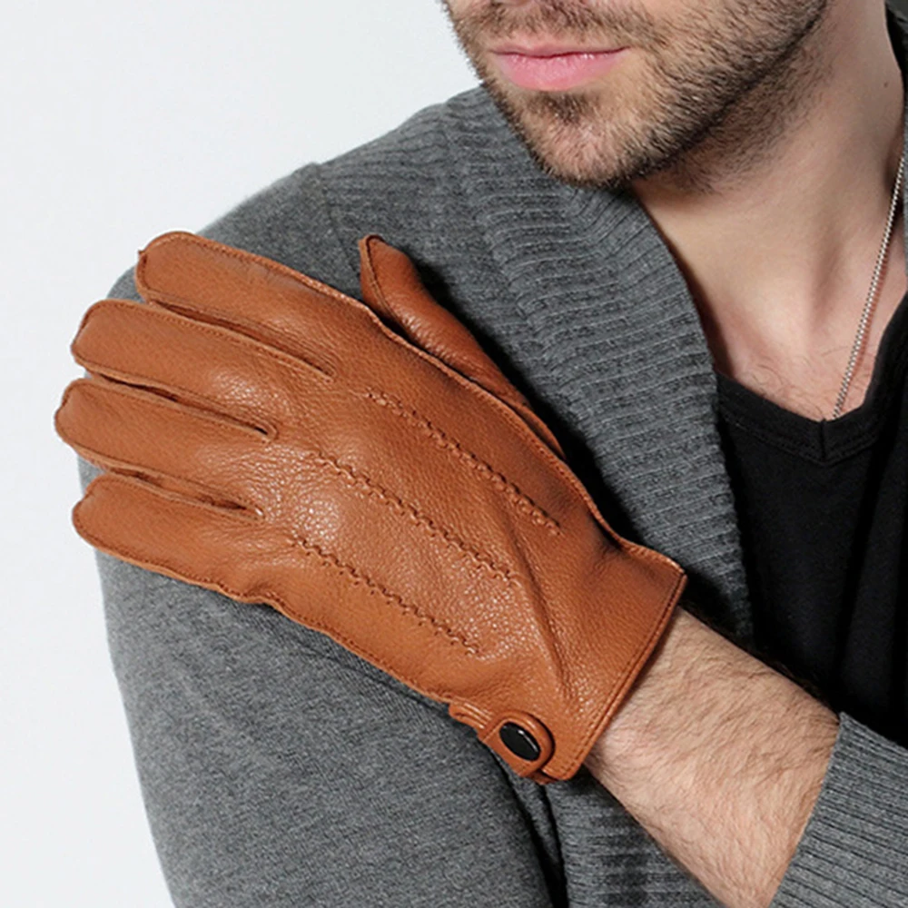 Deerskin Motorcycle Glove for Men, Warm and Soft, Corrugated Riding Mitten, MTB Road Bike, Winter, S2143