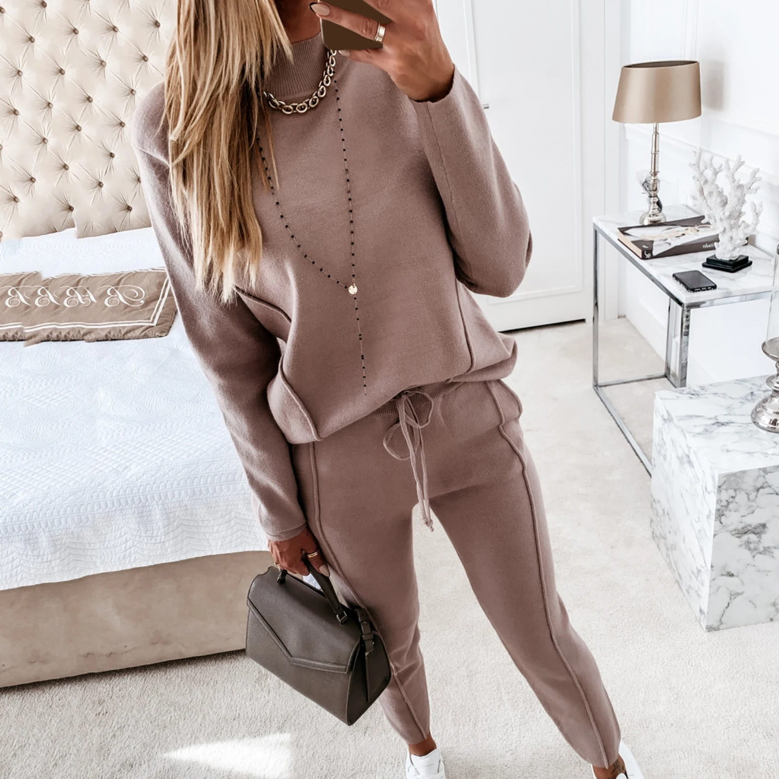 Women\'s Tracksuit Two Pieces Autumn Fashion Solid Casual Long Sleeve Pullover Outfits High Waist Bandage Pants Oversized Hoodies