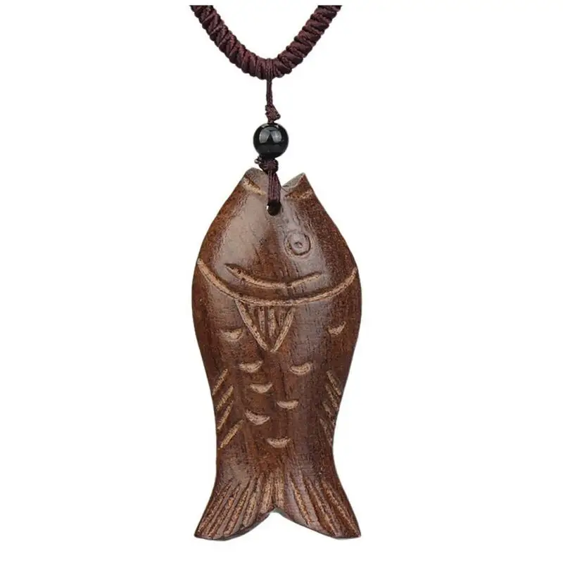 Wooden Lucky Fish Pendant Necklace Retro Clothes Accessories Adjustable Long Necklaces for Women Dresses Ornament Jewelry Dress