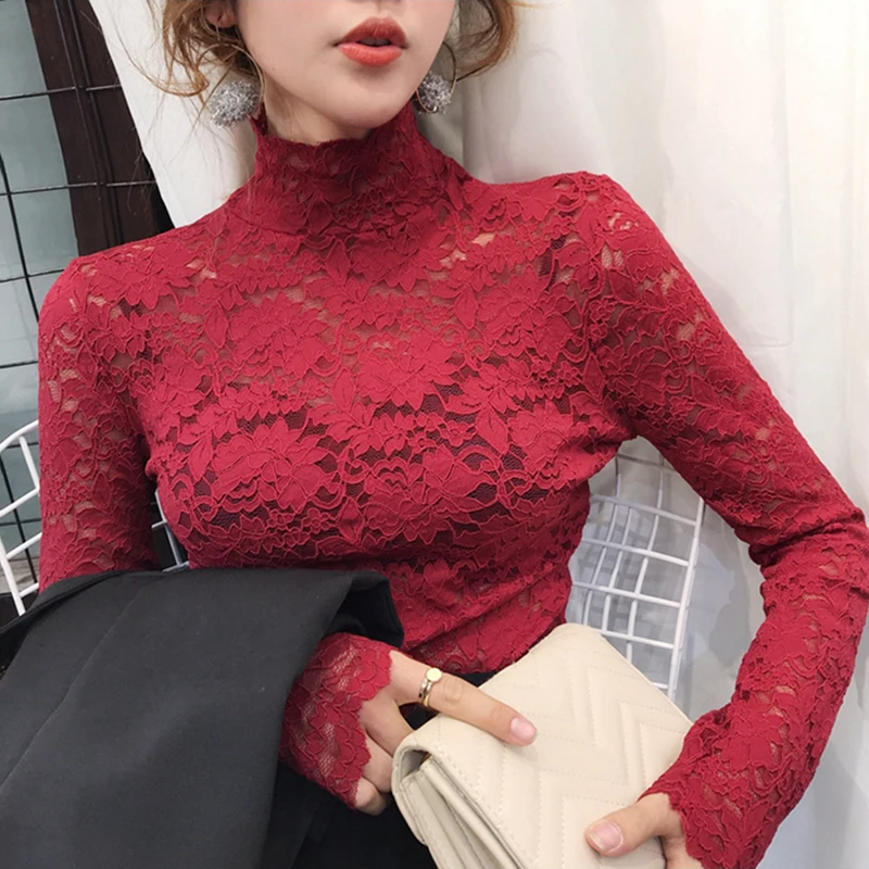 2019 Turtlneck Elegant Lace Blouse Shirt Sexy Hollow Out Embroidery feminine Blouse Women Long Sleeve Spring Summer Tops Female