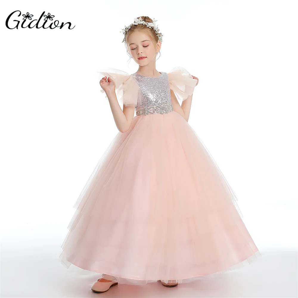 Peal Pink Ruffles Flower Girls Dresses for Weddings Party Kids Baby Birthday Gowns Little Princess Pageant Gowns Tiered Skirts