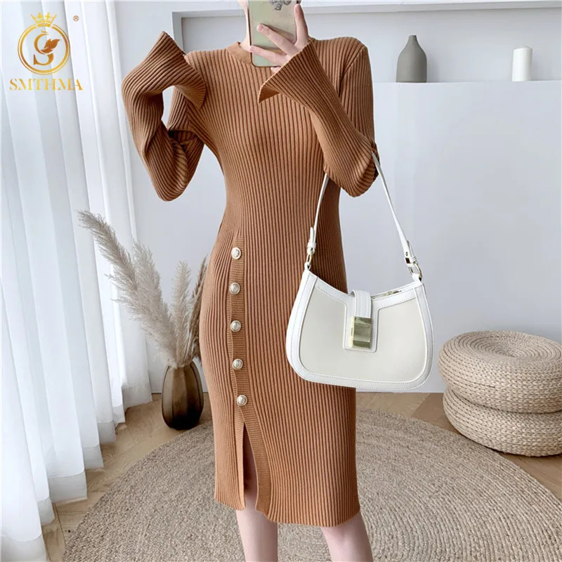 

SMTHMA 2022 New Autumn Winter Women Thick Sweater Dress Robe Female Knitted Sexy Side Split Single Breasted Slim Dress Vestidos