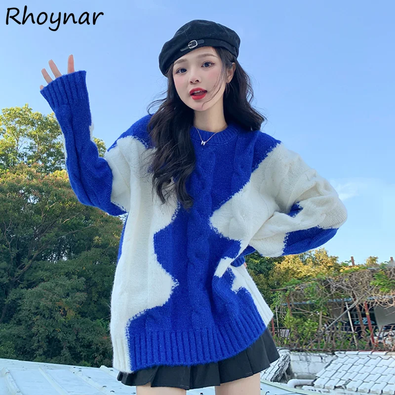 

Sweater Pullovers Women Blue Patchwork Design Students All-match Spring Korean Style Soft Sweet Fashion Loose Knitting New Daily