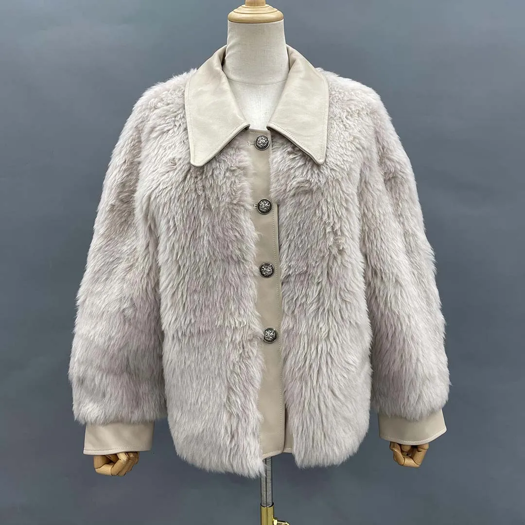 Abrigo de piel de lana auténtica para mujer, chaqueta suave de piel auténtica con cuello vuelto, 100%, Otoño e Invierno