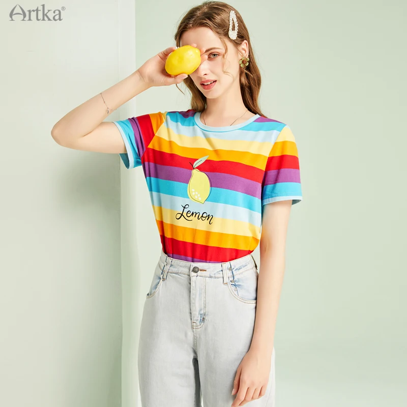 

ARTKA 2021 Summer New Women T-shirt Fashion Rainbow Striped O-Neck T-shirts Casual Print Short Sleeve T-shirts Female TA25217X