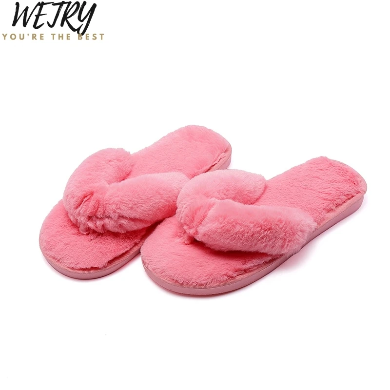 2020  Winter Women Home Slippers with Faux Fur Fashion Warm Shoes Woman Slip on Flats Female Slides Black Pink Plus Size 41