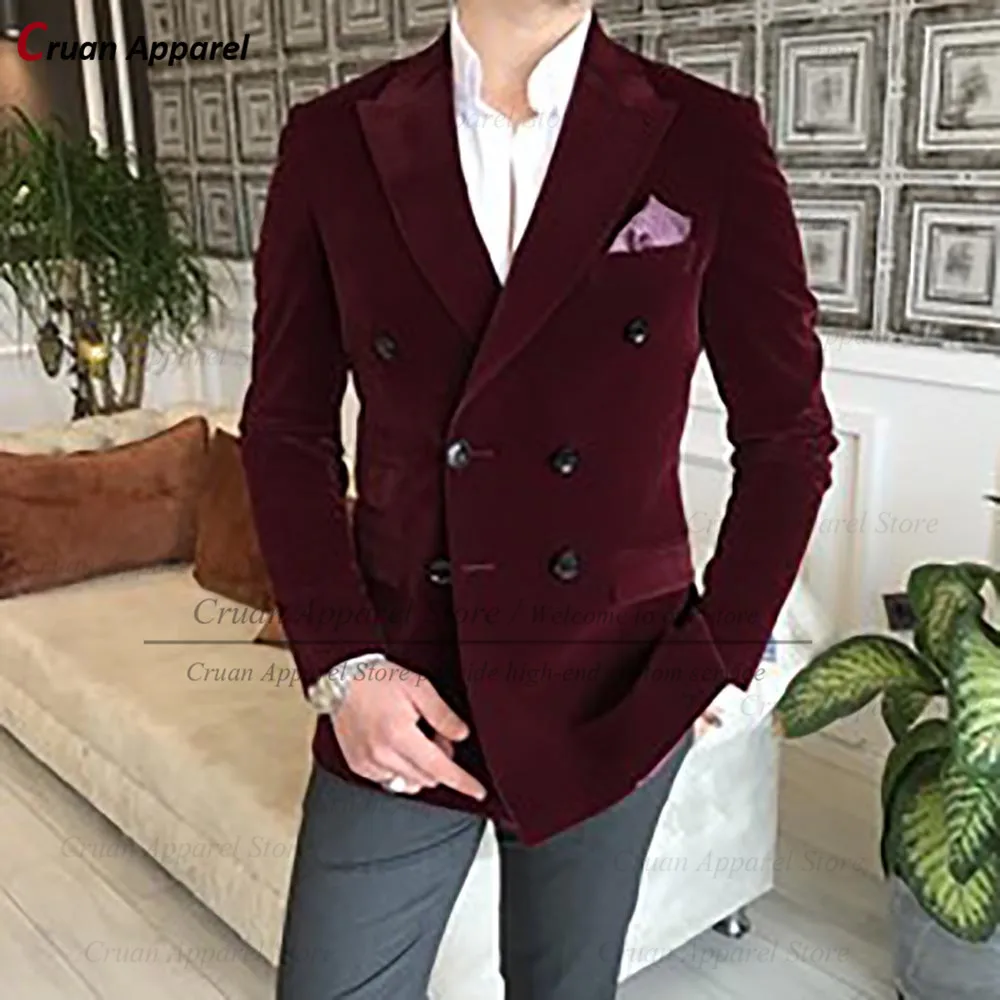 

(One Blazer) Classic Wine Red Velvet Men Blazers Slim fit Wedding Groomsman Groom Suit Jacket Double Breasted Coat Tuxedo Tops