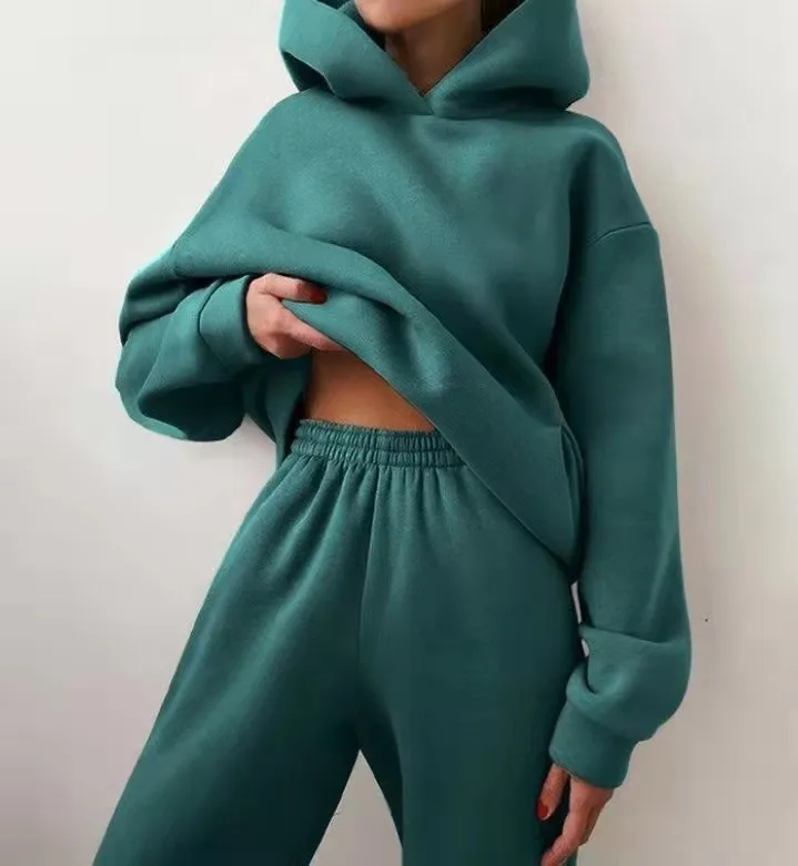 Winter Two Piece Sets Women Tracksuit Oversized Suit 2021 Autumn Trouser Suits Female Sweatshirt Solid Sports Hoodie Sportswear