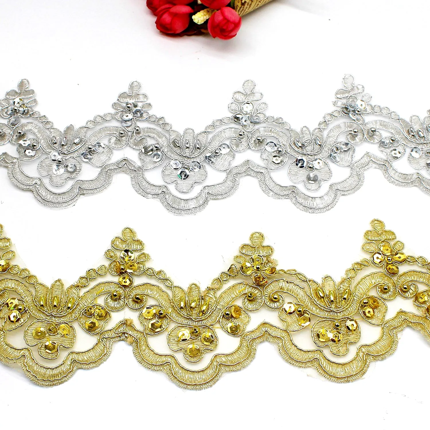 1 Yard Gold Embroidery Lace Sequined Beading Lace Fabric For Dress 3D Floral Embroidered Scalloped Bridal Lace Applique 9CM