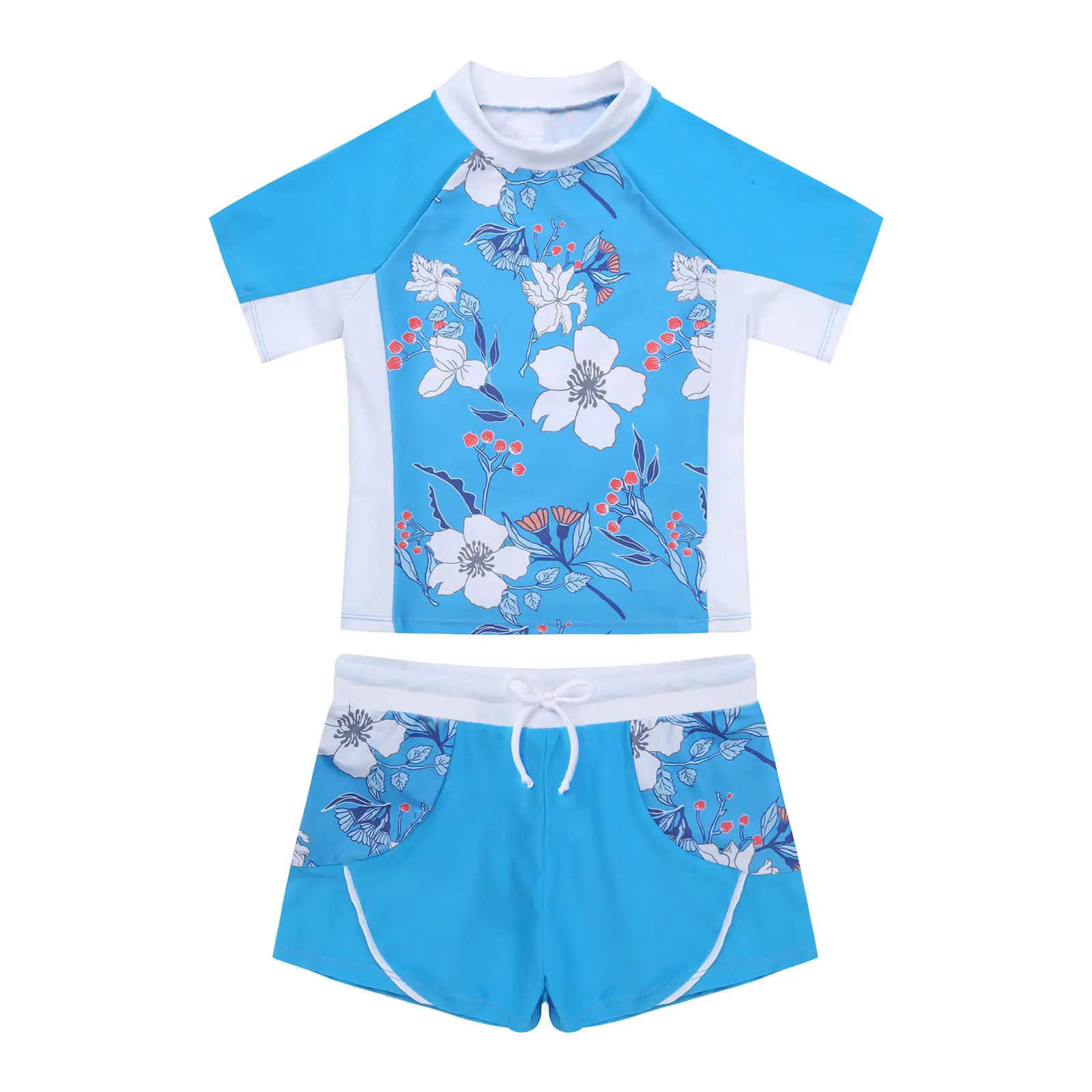 TiaoBug Sommer 2Pcs Kinder Mädchen Blume Drucken Badeanzug Rundhals Kurzen Ärmeln Top Und Horts Bademode Strand Bade Pool anzug